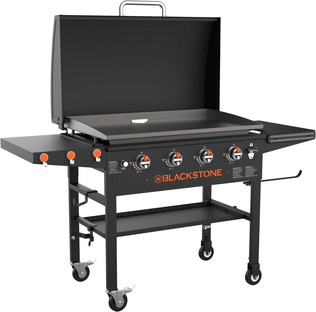 Blackstone 36” Griddle with Hood  Four Burners - Stainless Steel Gas Griddle with Hood, Wheels, Two Side Shelf  Magnetic Hooks – Heavy Duty Outdoor Griddle Station for Backyard, Patio - 1899