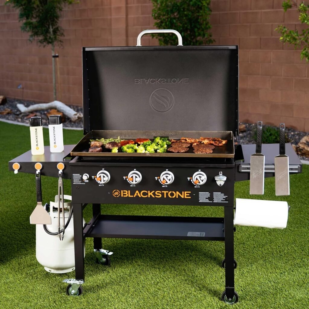 Blackstone 36” Griddle with Hood  Four Burners - Stainless Steel Gas Griddle with Hood, Wheels, Two Side Shelf  Magnetic Hooks – Heavy Duty Outdoor Griddle Station for Backyard, Patio - 1899