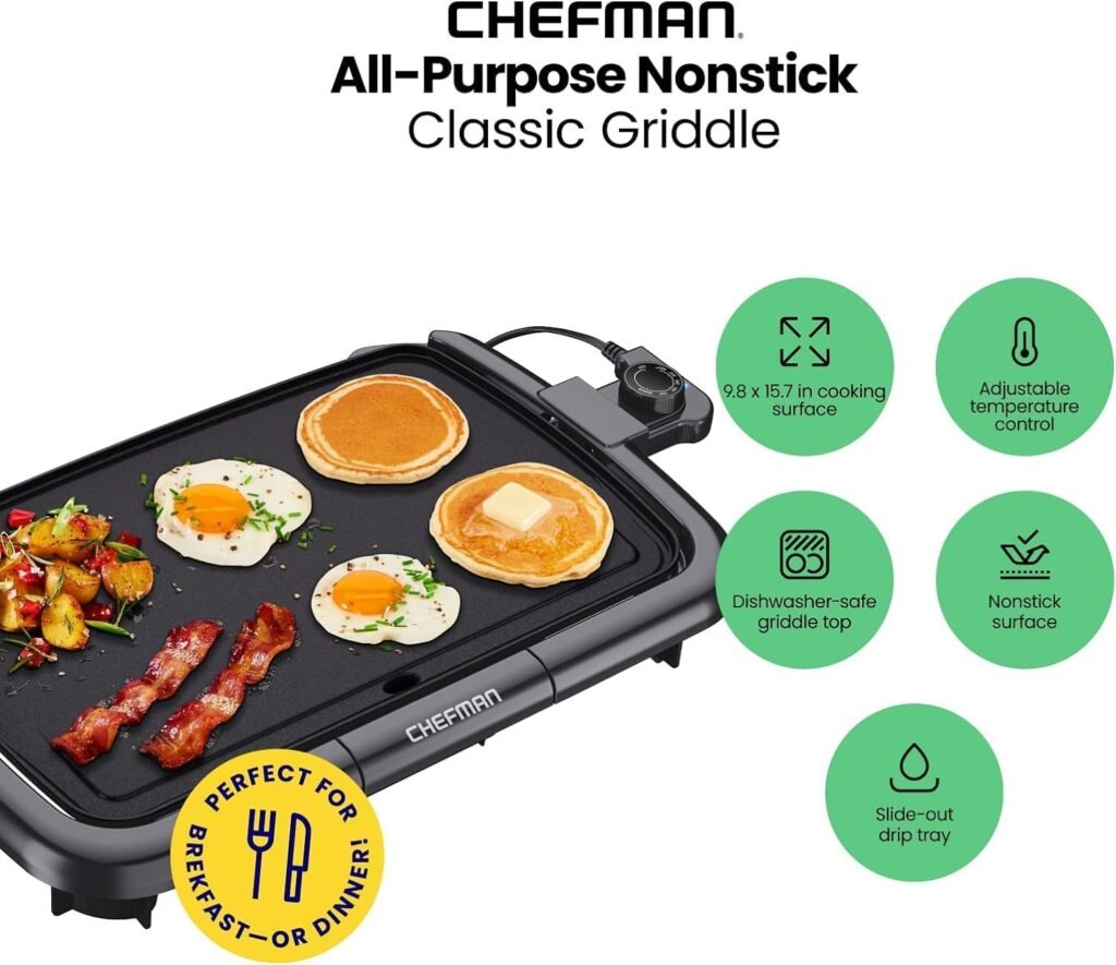 Chefman XL Electric Griddle with Removable Temperature Control, Immersible Flat Top Grill, Burger, Eggs, Pancake Griddle, Nonstick Extra Large Cooking Surface, Slide Out Drip Tray, 10 x 20 Inch