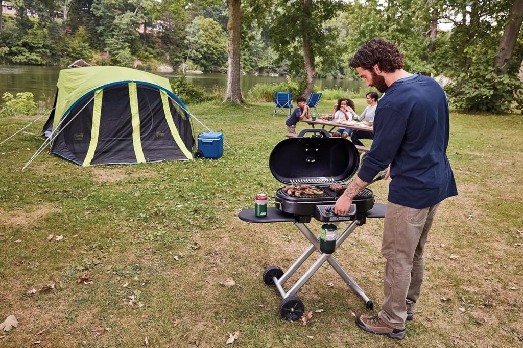 Coleman RoadTrip 285 Portable Stand-Up Propane Grill, Gas Grill with 3 Adjustable Burners  Instastart Push-Button Ignition; Great for Camping, Tailgating, BBQ, Parties, Backyard, Patio  More