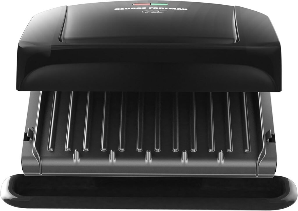 George Foreman 4-Serving Removable Plate Electric Grill and Panini Press, George Tough Non-Stick Coating, Drip Tray Catches Grease, Black