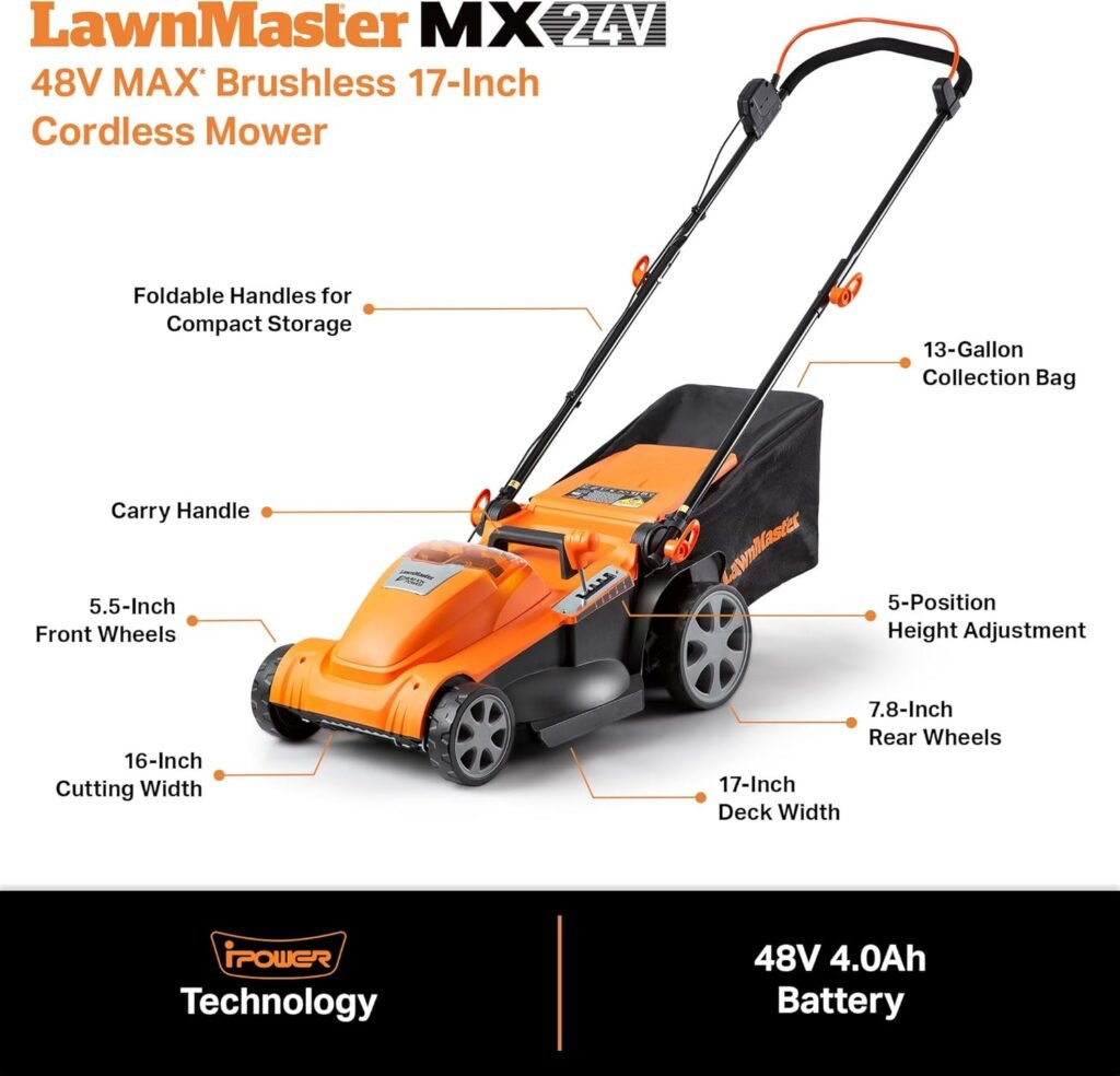 LawnMaster CLMF4817E 48V MAX* Brushless Mower with 2X24V MAX* 4.0Ah Battery and a Dual Charger