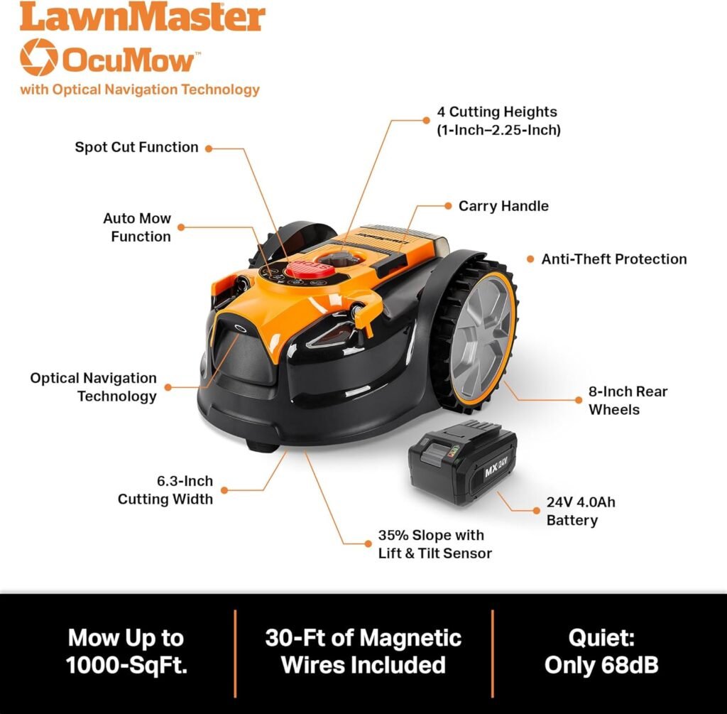 LawnMaster OcuMow™ Robot Lawn Mower Perimeter Wire Free Robotic for Small Yards up to 1000 Square feet Optical Navigation Automatic Obstacle Avoidance Low Noise Spot Cut and No Go Function