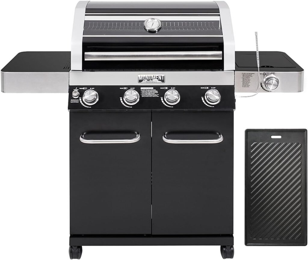 Monument Grills Outdoor Barbecue Stainless Steel 4 Burner Propane Gas Grill, 62,000 BTU Patio Garden Barbecue Grill with Side Burner and LED Controls, Mesa415BZ