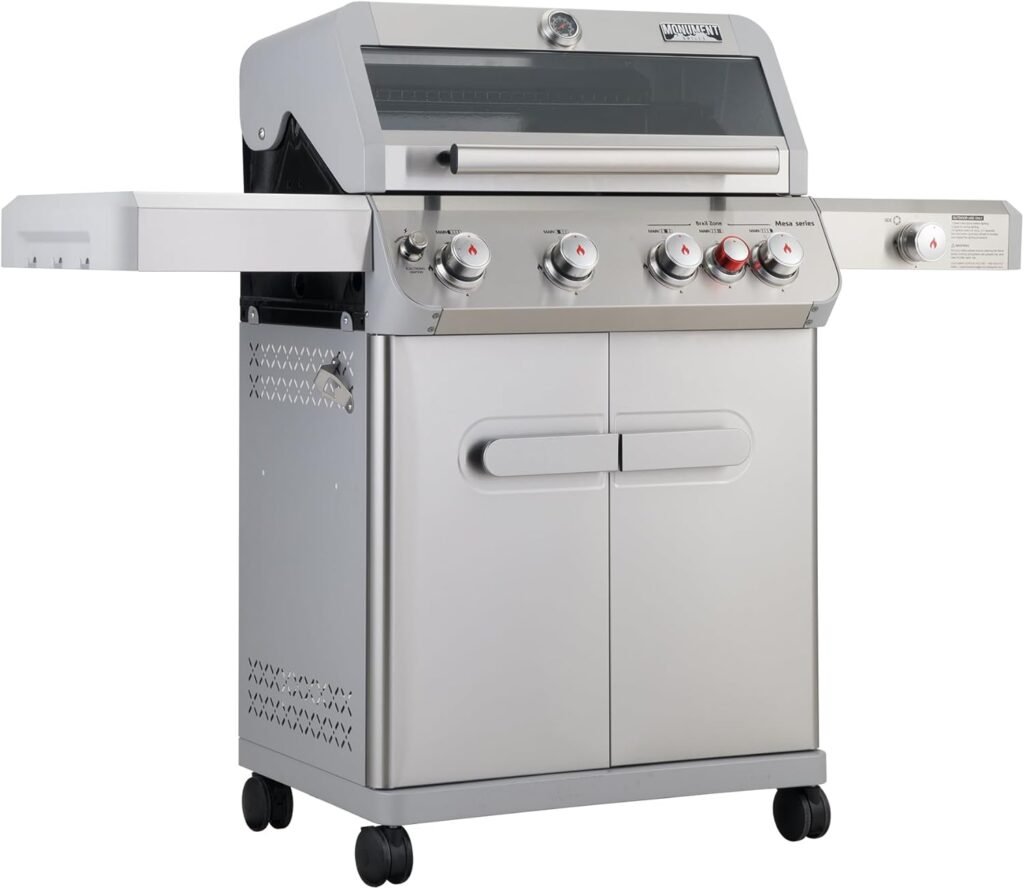 Monument Grills Outdoor Barbecue Stainless Steel 4 Burner Propane Gas Grill, 62,000 BTU Patio Garden Barbecue Grill with Side Burner and LED Controls, Mesa415BZ