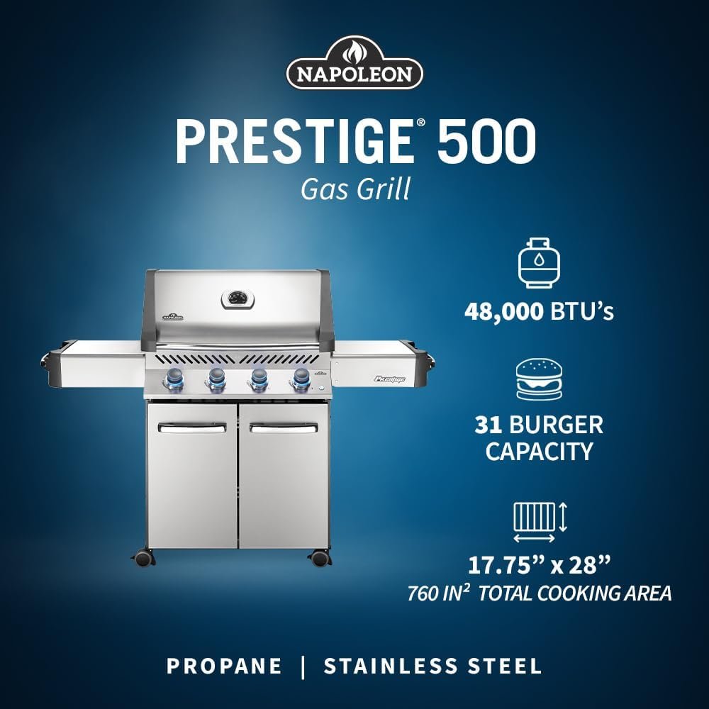 Napoleon P500RSIBPSS-3 Prestige 500 RSIB Propane Gas Grill, sq. in + Infrared Side and Rear Burner, Stainless Steel