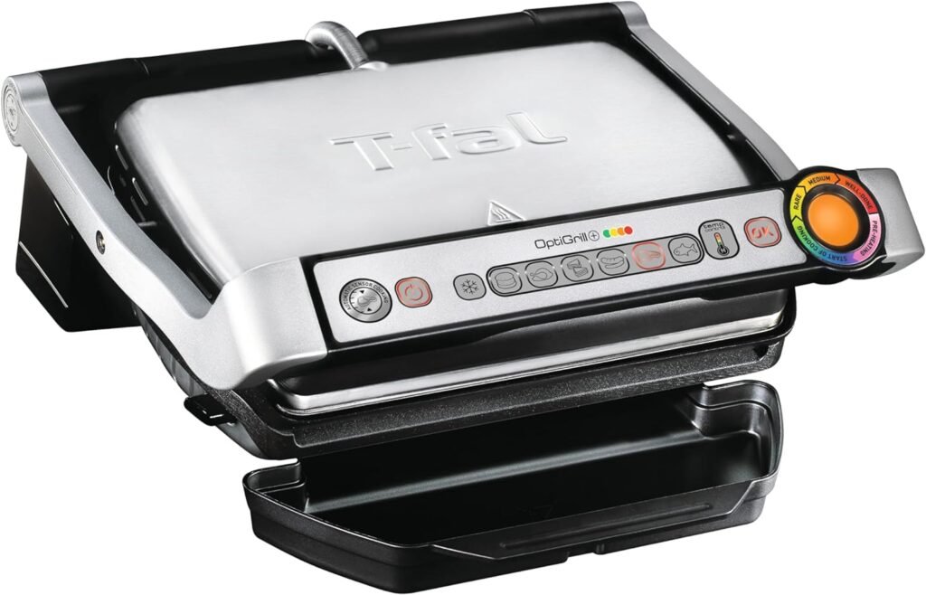 OptiGrill Stainless Steel Electric Grill Indoor 4 Servings 6 Automatic Cooking Modes, Intelligent grilling rare to well-done 1800 Watts Nonstick Removable Plates, Dishwasher Safe, Panini Press, Silver