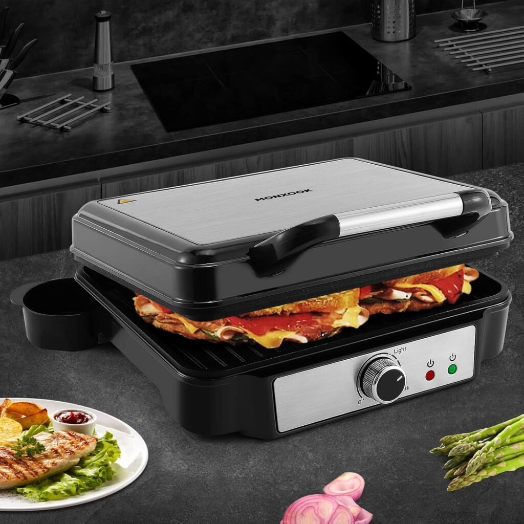 Panini Press Sandwich Maker MONXOOK, 4 Slices Panini Grill Non-Stick Coated Plates, Panini Makers with Temperature Control, Opens 180 Degrees, Removable Drip Tray, 1400W, Stainless Steel