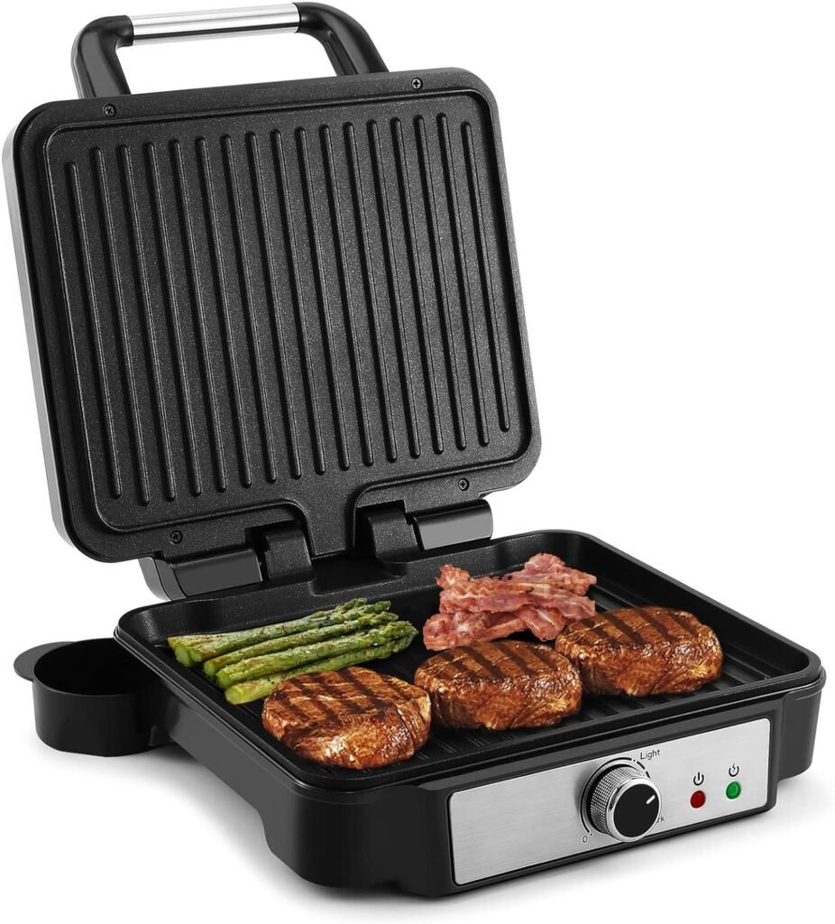 Panini Press Sandwich Maker MONXOOK, 4 Slices Panini Grill Non-Stick Coated Plates, Panini Makers with Temperature Control, Opens 180 Degrees, Removable Drip Tray, 1400W, Stainless Steel