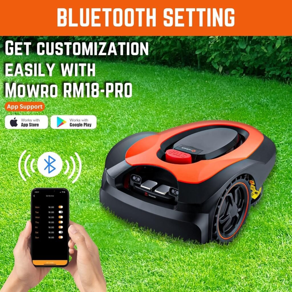 RM18PRO Robot Lawn Mower with Bluetooth App Control Ultrasonic Sensor Metal Plate 1/8 Acre 20 Degrees Slope for Small to Medium Yards