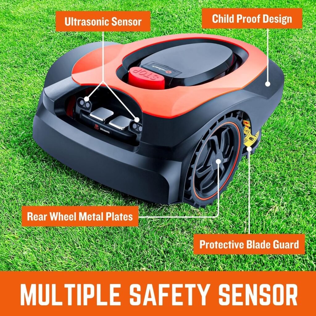 RM18PRO Robot Lawn Mower with Bluetooth App Control Ultrasonic Sensor Metal Plate 1/8 Acre 20 Degrees Slope for Small to Medium Yards