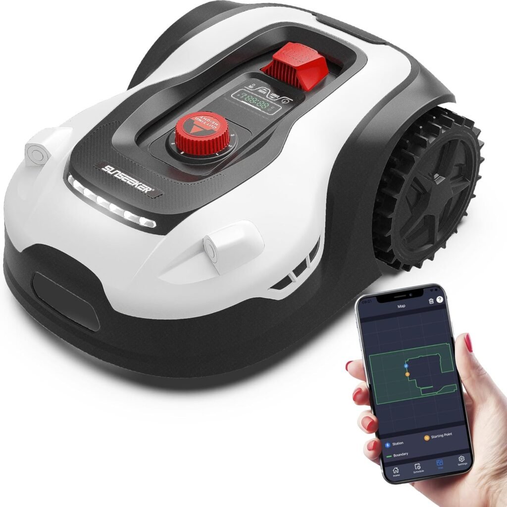 SUNSEEKER L22 Robotic Lawn Mower 0.3 Acre/ 13,000 Sq.Ft, with Mapping Function and App Control, Only 52 db,Rain Sensor  Boundary Wire, Battery  Charger Included, Black  White…