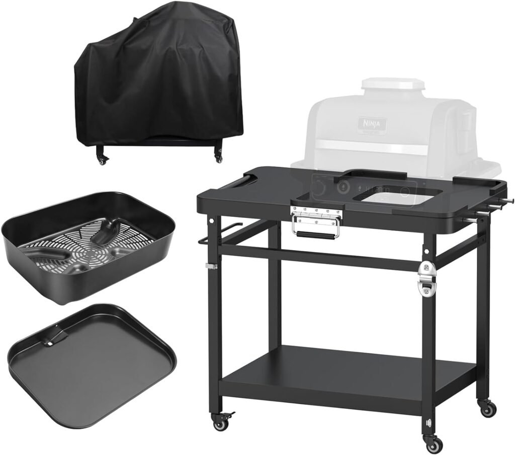 Universal Grill Stand for Ninja Woodfire Outdoor Grill,Portable Foldable Grill Cart Table, Grill Plate and Combo Crisper Basket for Ninja Woodfire Outdoor OG701 series Grill Accessories