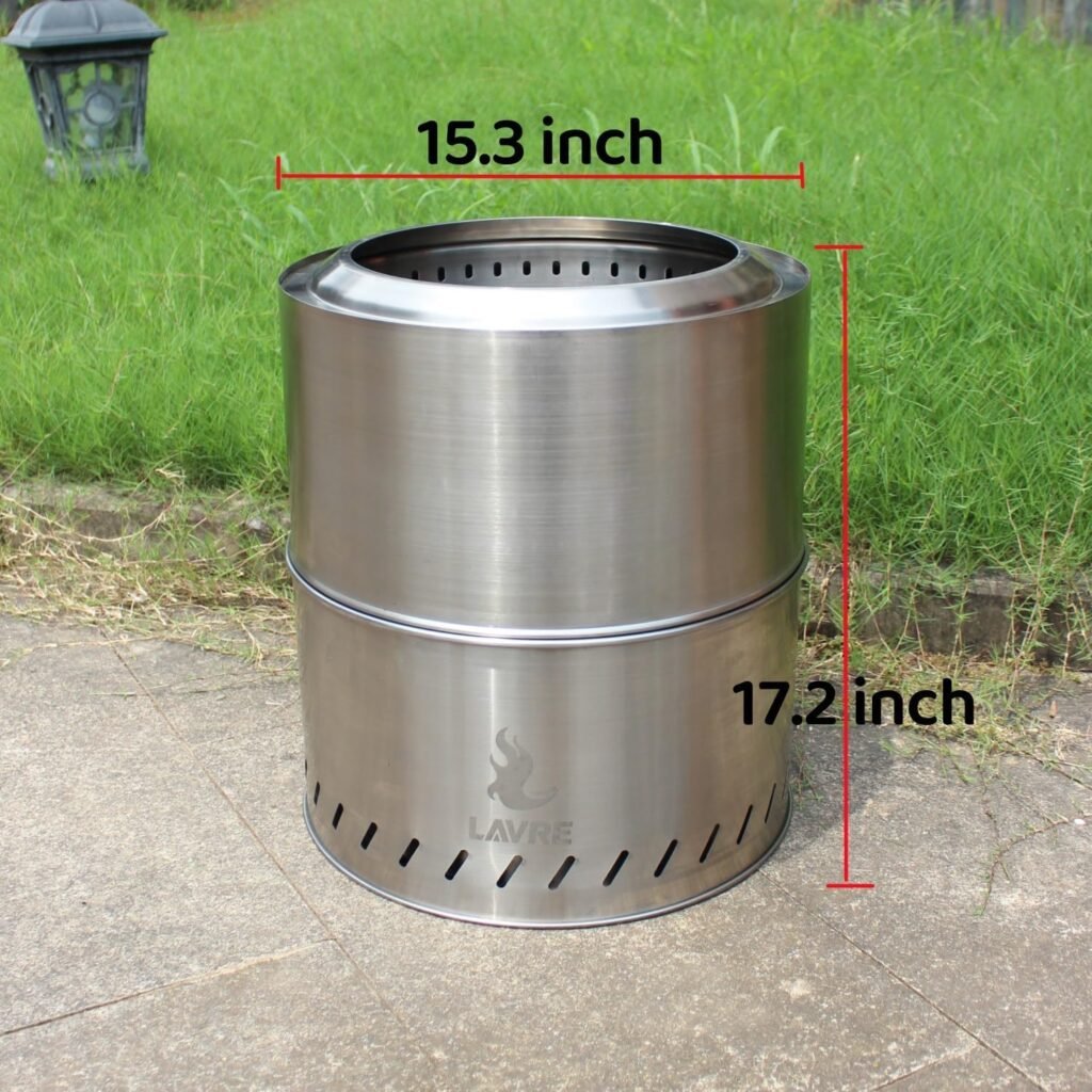 15.3 inch Stainless Steel Smokeless Fire Pit with Grill  Carry Bag, Outdoor Portable Smokeless Firepit, Wood Burning Fire Pits for Camping, Bonfire, Low Smoke Firepit for Outside