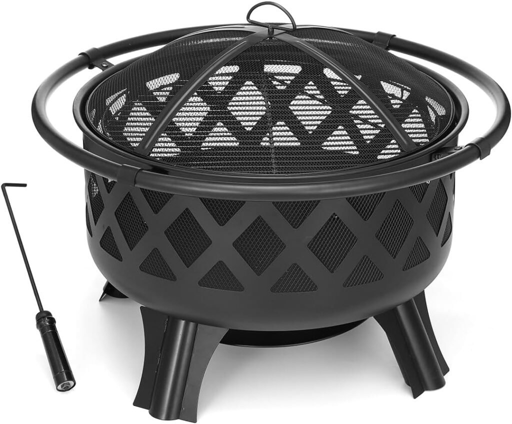 30 Inch Fire Pits for Outside with Grill Wood Burning Firepit Large Steel Firepit Bowl for Patio Backyard Garden Camping with Swivel BBQ Grill, Ash Plate,Spark Screen, Poker