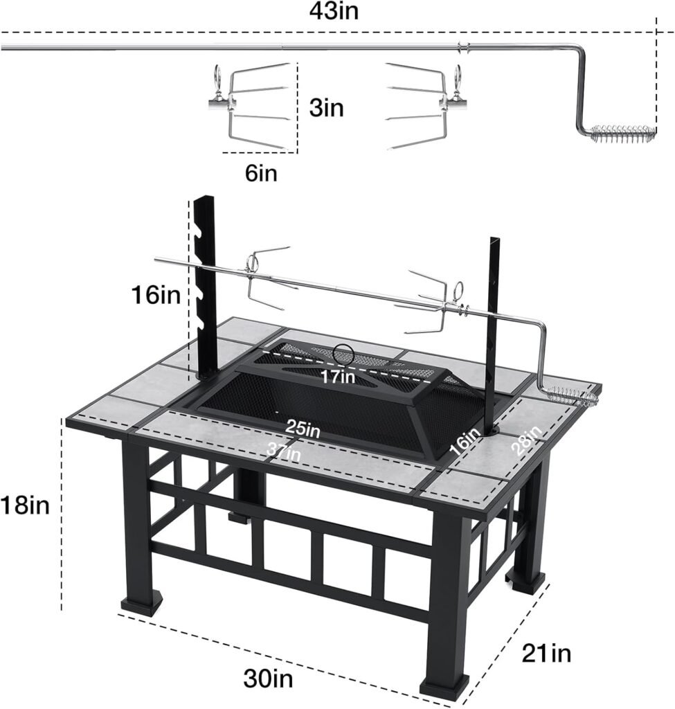 Fire Pit Table for Outside 37 Inch Square Firepits with Grill Large Wood Burning Heavy Duty Steel BBQ Bonfire Pit Outdoor Cooking with Spark Screen Log Grate Poker for Backyard Garden Camping