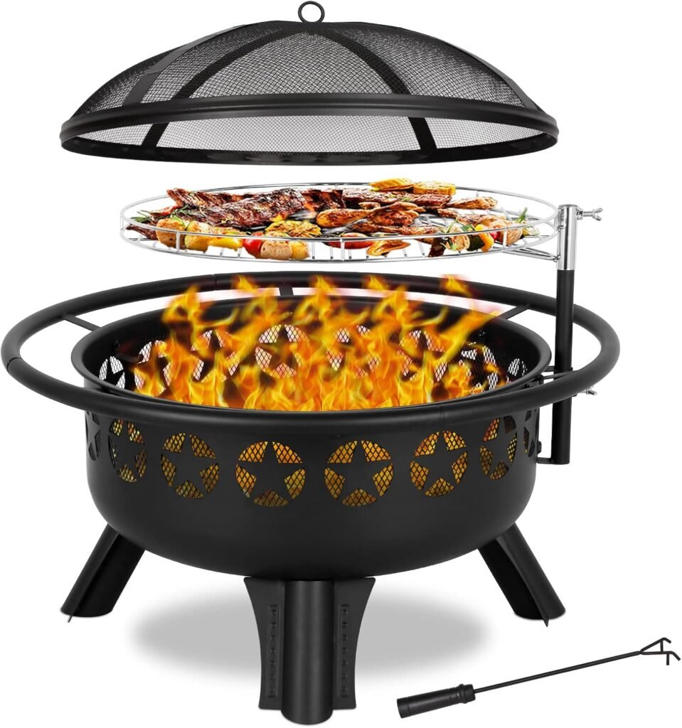 Hykolity 2 in 1 Fire Pit with Grill, Large 31 Wood Burning Fire Pit with Swivel Cooking Grate Outdoor Firepit for Backyard Bonfire Patio Outside Picnic BBQ, with Spark Cover, Fire Poker