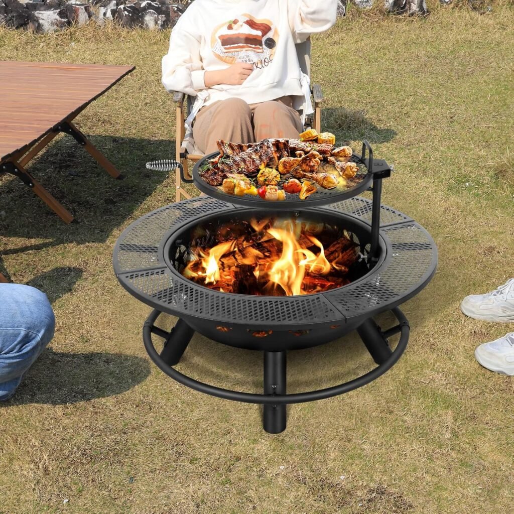 Hykolity 35 Inch Fire Pit with Cooking Grate  Charcoal Pan, Outdoor Wood Burning BBQ Grill Firepit Bowl with Cover Lid, Steel Round Table for Backyard Bonfire Patio Picnic