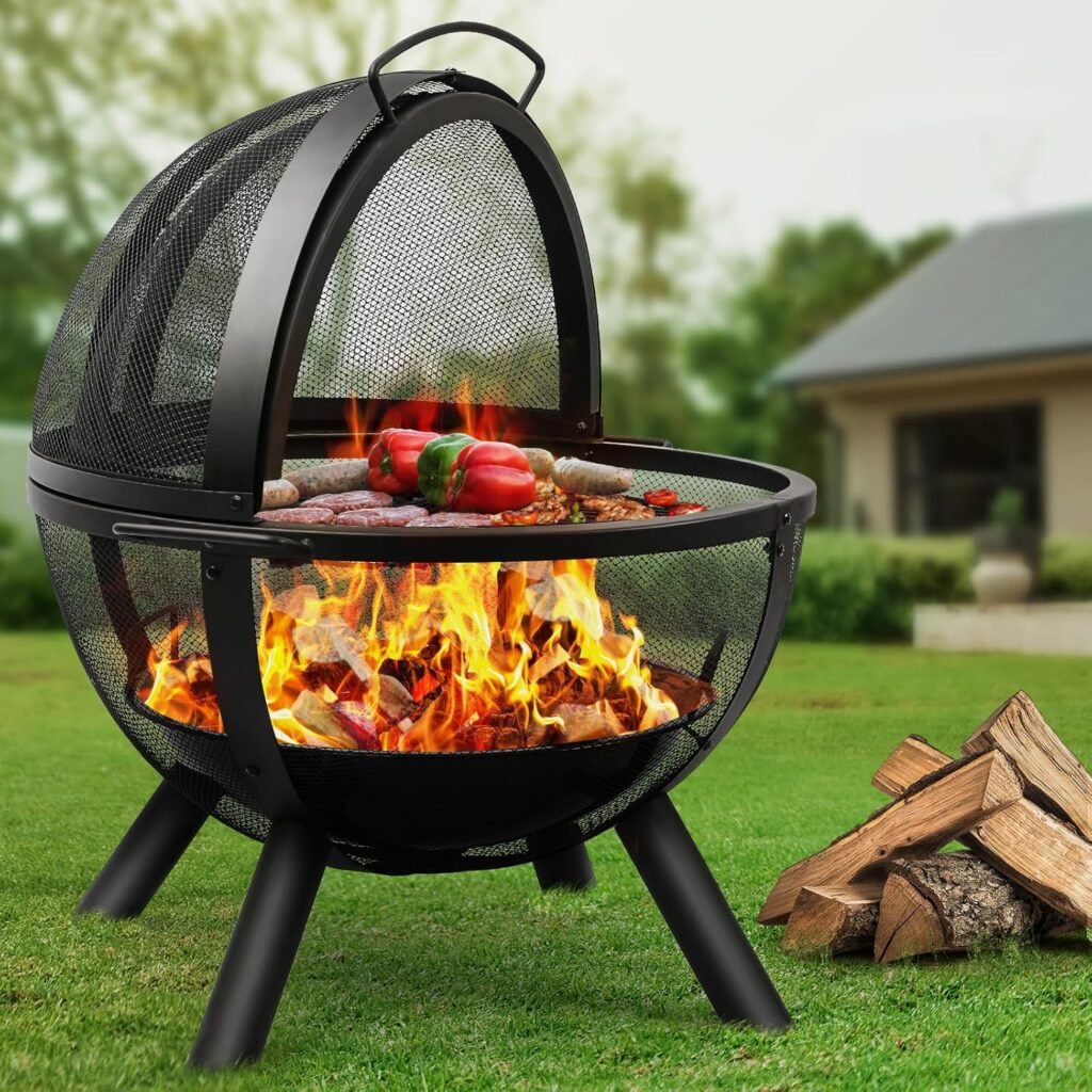 Ikuby Ball of Fire Pit 35 Outdoor fire with BBQ Grill Globe Large Round Pit,Patio Fireplace for Camping, Heating, Bonfire and Picnic