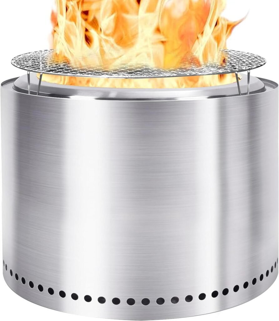 Outdoor Smokeless Fire Pit 14- Portable Bonfire 304 Stainless Wood Burning Fireplace with Grill and Removable Ash Pan, Ideal for Camping and Party (Sliver, L)