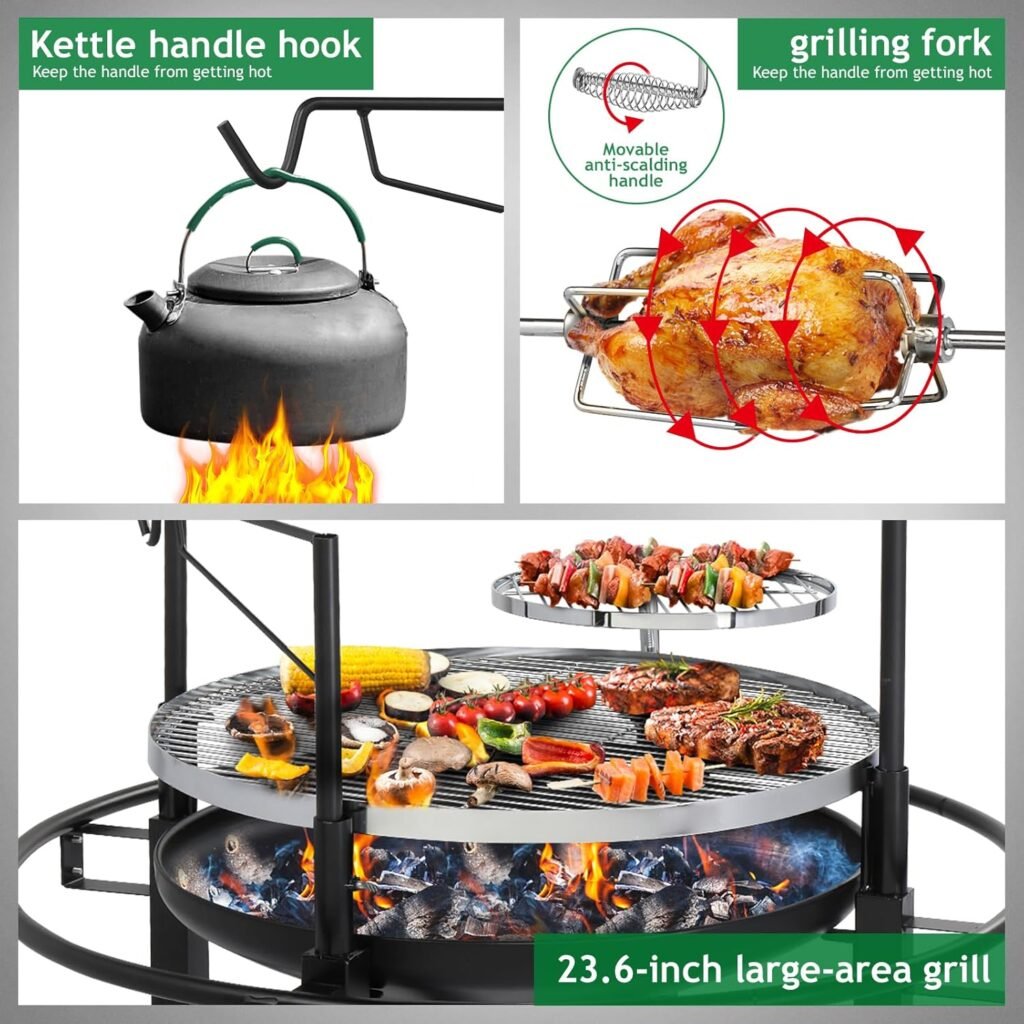 Outvita 33 Inch 2 in 1 Fire Pit with Grills, Wood Burning Fire Pits with Adjustable Swivel Cooking Grate for Outside BBQ Patio Picnic Party