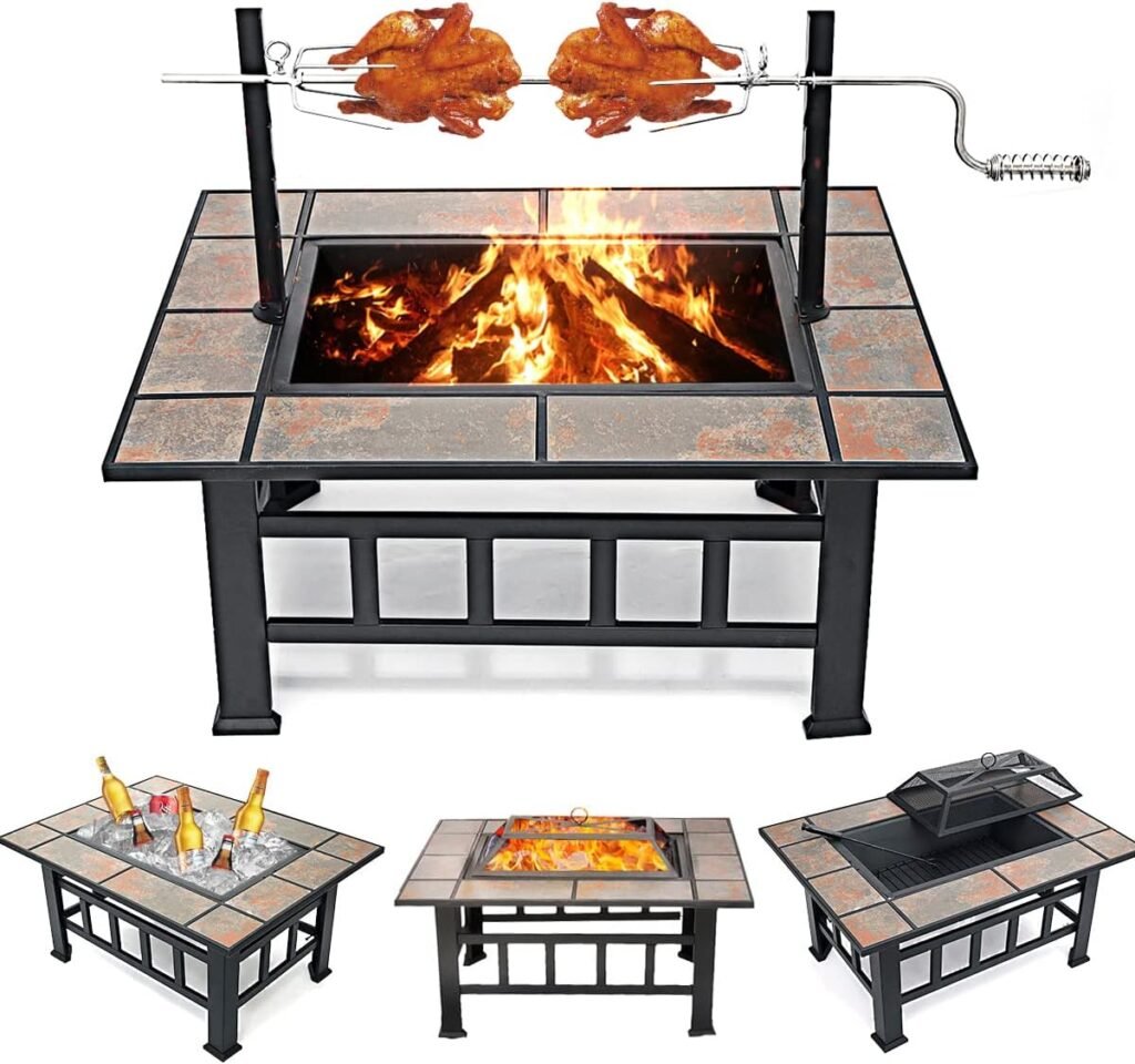 SINGLYFIRE 37 Inch Fire Pit Table with Grill for Outside Large Square Wood Burning firepit Heavy Duty Steel Bonfire Pit Cooking with Spark Screen Log Grate Poker for Backyard Garden Camping